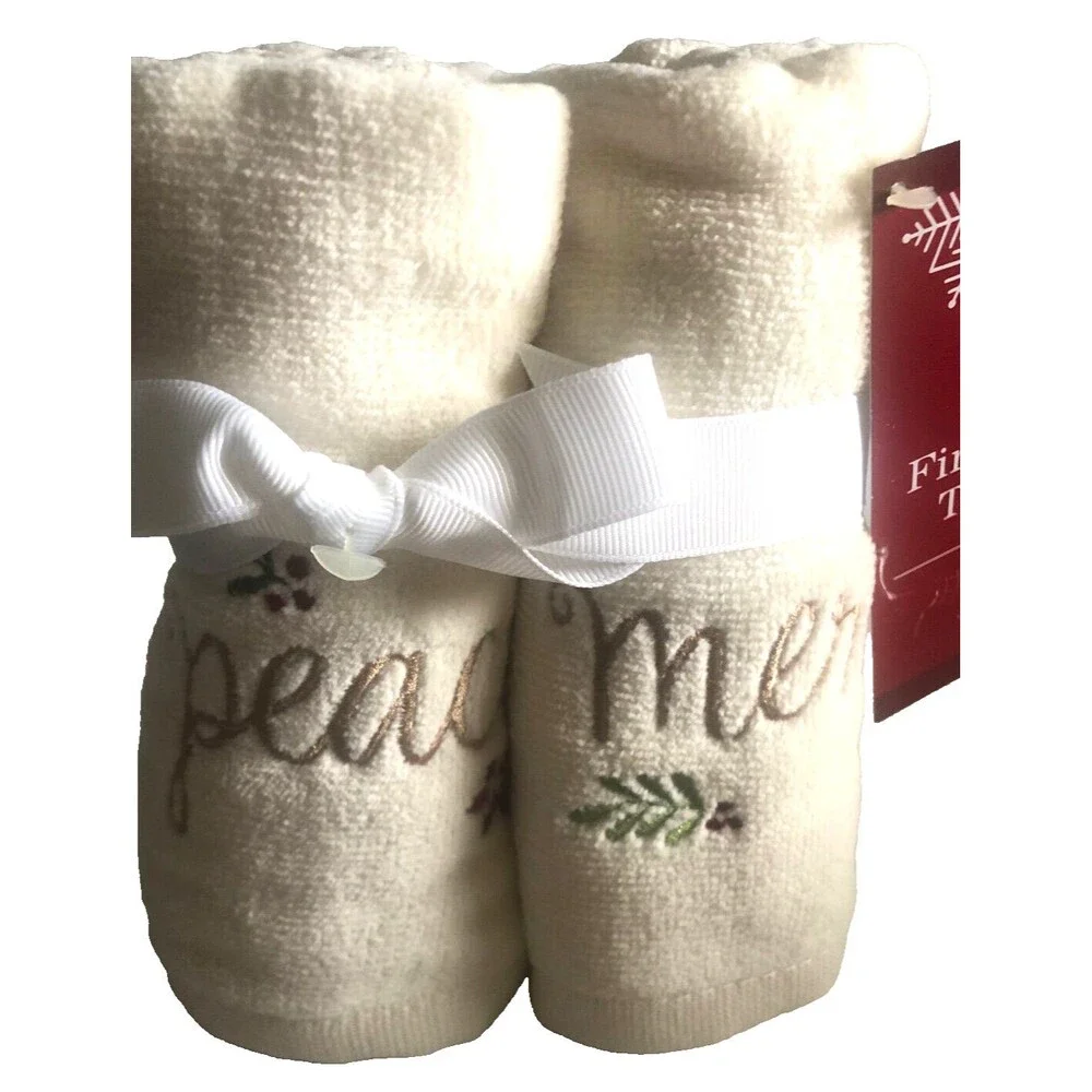 Christmas Fingertip Towels Embroidered Joyful Peace Merry Believe 11x18 Set of 4